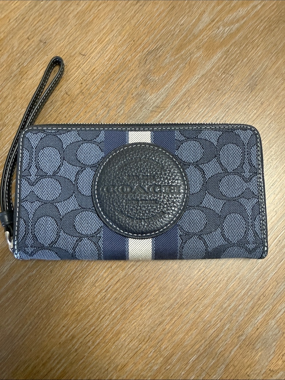 Coach Navy and White Signature Stripe Wristlet